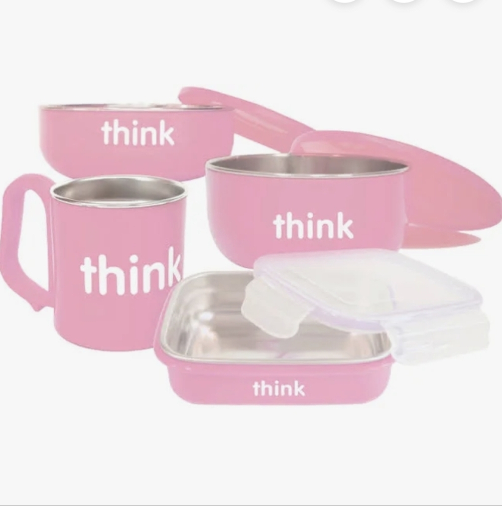 Thinkbaby Baby Feeding Set Bento Box Stainless Steel Pink New!